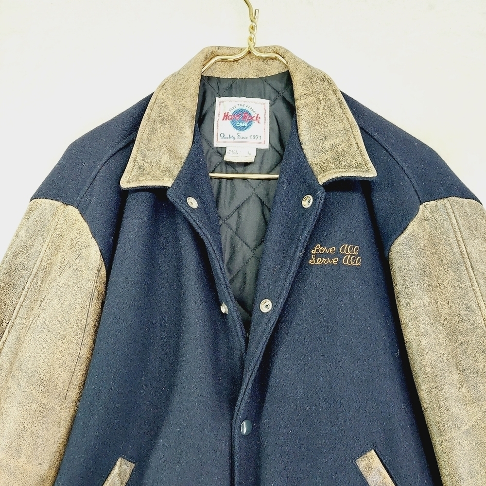 Hard Rock Cafe Wool Leather Button Up Bomber Jacket Coat Z72 - Picture 3 of 10